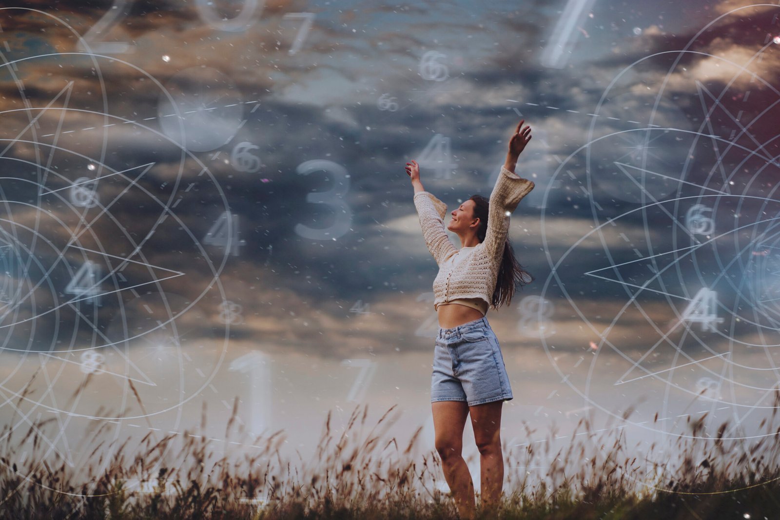 abstract numerology concept with woman full shot